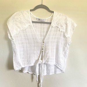 Zara White Lace Tie-Front Crop Top Size Small